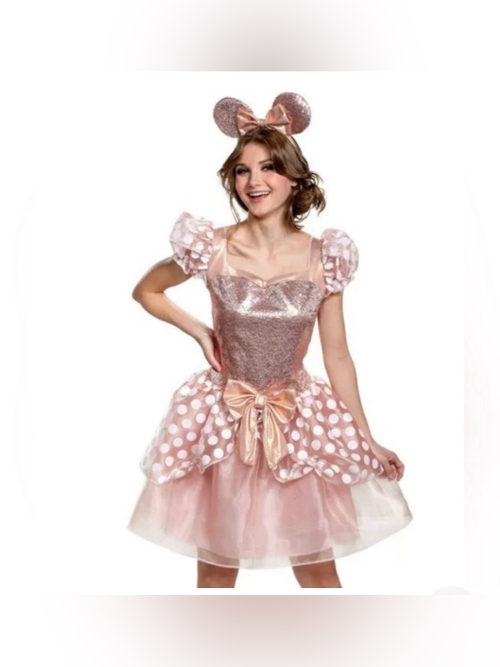 Women’s Disney Rose Gold Sparkle Minnie Mouse Costume with Ears Headband Sz S